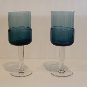 Pier 1 Goblet Blue Water 12 Oz Double Dip Mouth Blown MCM Style Wine Glass Pair